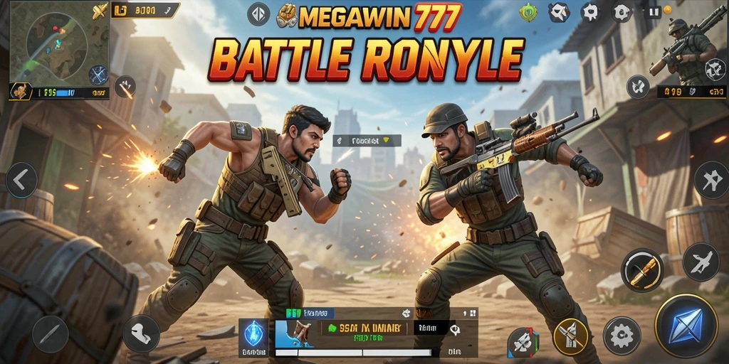 Screenshot MEGAWIN777 menunjukkan aksi seru Battle Royale dengan gameplay intens.